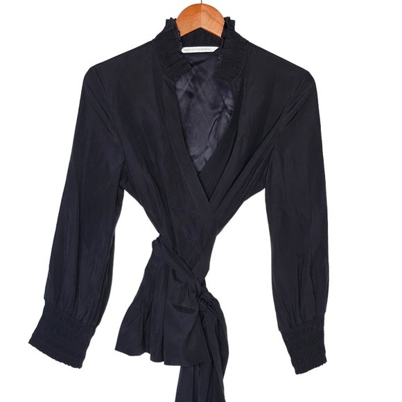Diane Von Furstenberg Graciela Silk Blouse Wrap Style Ruffle 12 Black Classic Lu - Picture 5 of 11